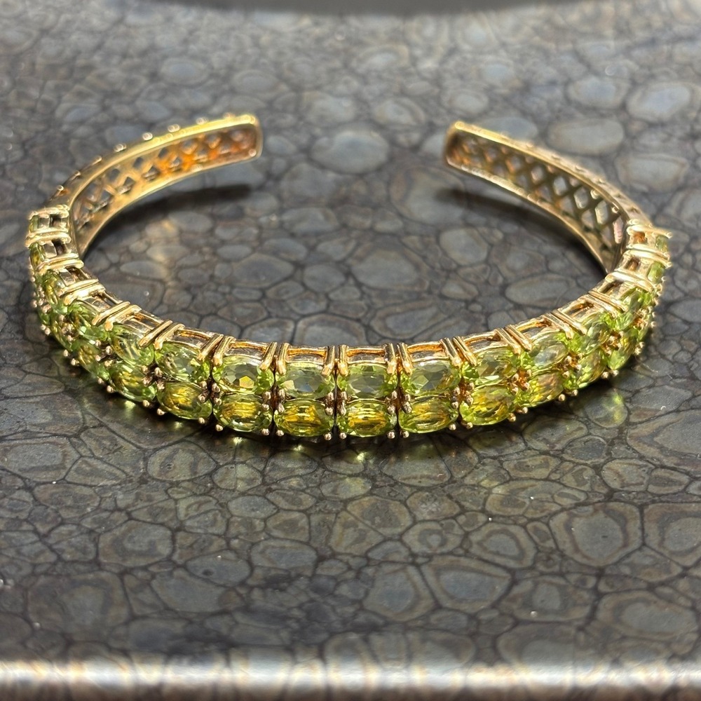 Gold Vermeil Cuff Bracelet 925 China Vibrant Green Stones August Birthstone